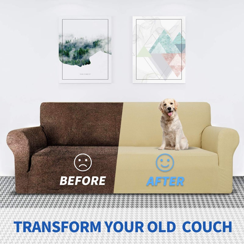MAXIJIN Super Stretch Couch Cover for 3 Cushion Couch, 1-Piece Universal Sofa Covers Living Room Jacquard Spandex Furniture Protector Dogs Pet Friendly Fitted (Large, Beige) - Image 4